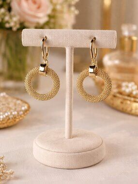Stunning Vintage Gold-Tone Mesh "Door Knocker"or Beaded  Hoop Drop Earrings